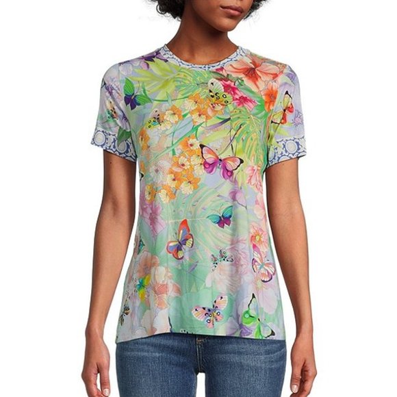 Johnny Was Cozumel Favorite Swing Tee Shirt Floral Butterfly Top Violet Green NW - Picture 7 of 16